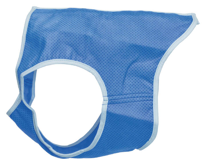 30131-34 Blaue, atmungsaktive Stoffhülle mit offenen Löchern für Kopf und Körper, möglicherweise für Haustiere.